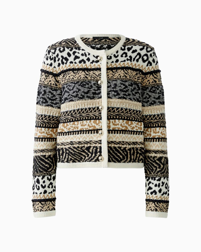 Oui striped cotton cardigan in off-white and black with cropped fit and round neck