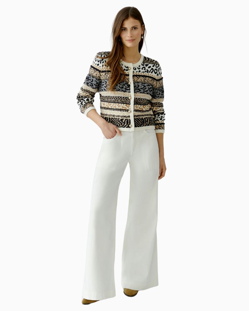 Oui striped cotton cardigan in off-white and black with cropped fit and round neck