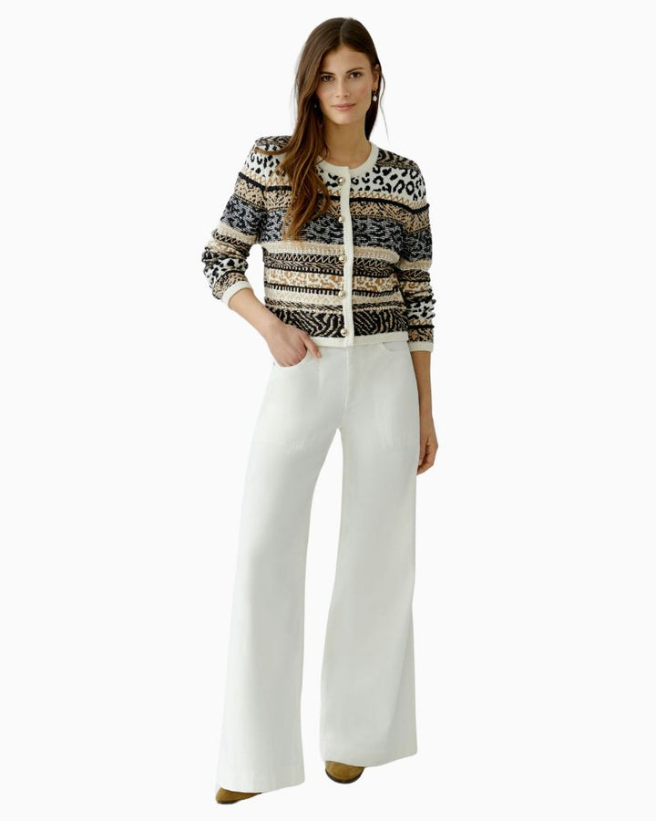Oui striped cotton cardigan in off-white and black with cropped fit and round neck