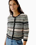 Front view of cardigan-style jacket with buttons and soft ribbed trim