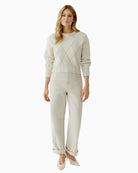 Woman wearing Oui gardenia textured knit pullover front view – Áines Boutique