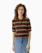 Oui velour-look polo pullover brown and white front view – Áines Boutique