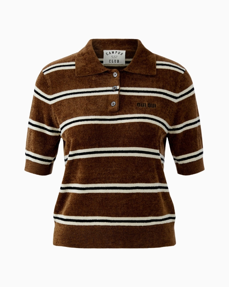 Oui velour-look polo pullover brown and white front on white background – Áines Boutique