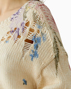 Close-up of Oui pullover drop-stitch detail and floral print – Áines Boutique