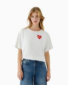 White cotton T-shirt by Oui with red embroidered heart and “oui” text