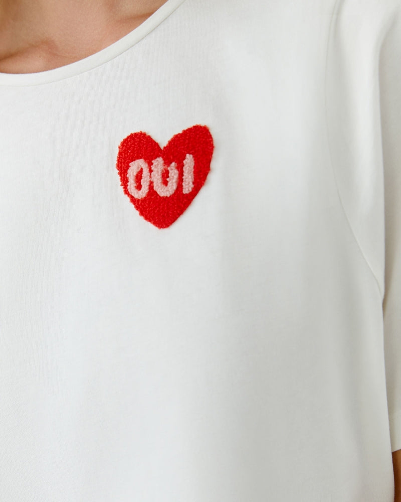 White cotton T-shirt by Oui with red embroidered heart and “oui” text