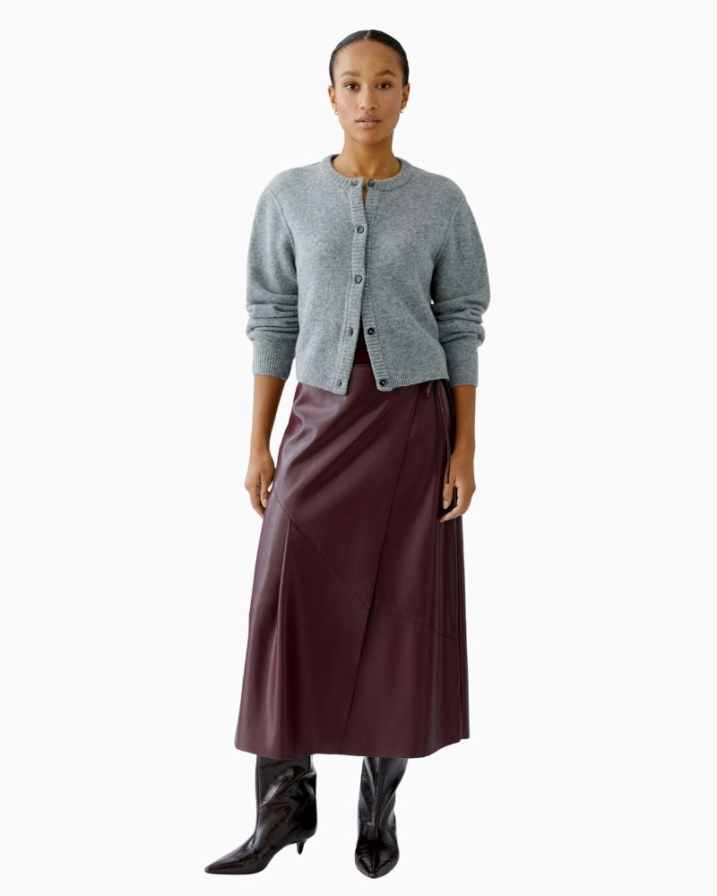 Oui leather-look wrap skirt styled with knit jumper and ankle boots for autumn