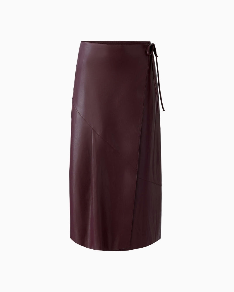 Front view of Oui wrap skirt in bramble berry with leather-look fabric and midi length