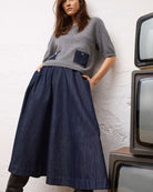 Oui A-Line Denim Skirt in denim full-length styled view