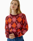 Oui Argyle Jumper in pink and orange crew neckline detail