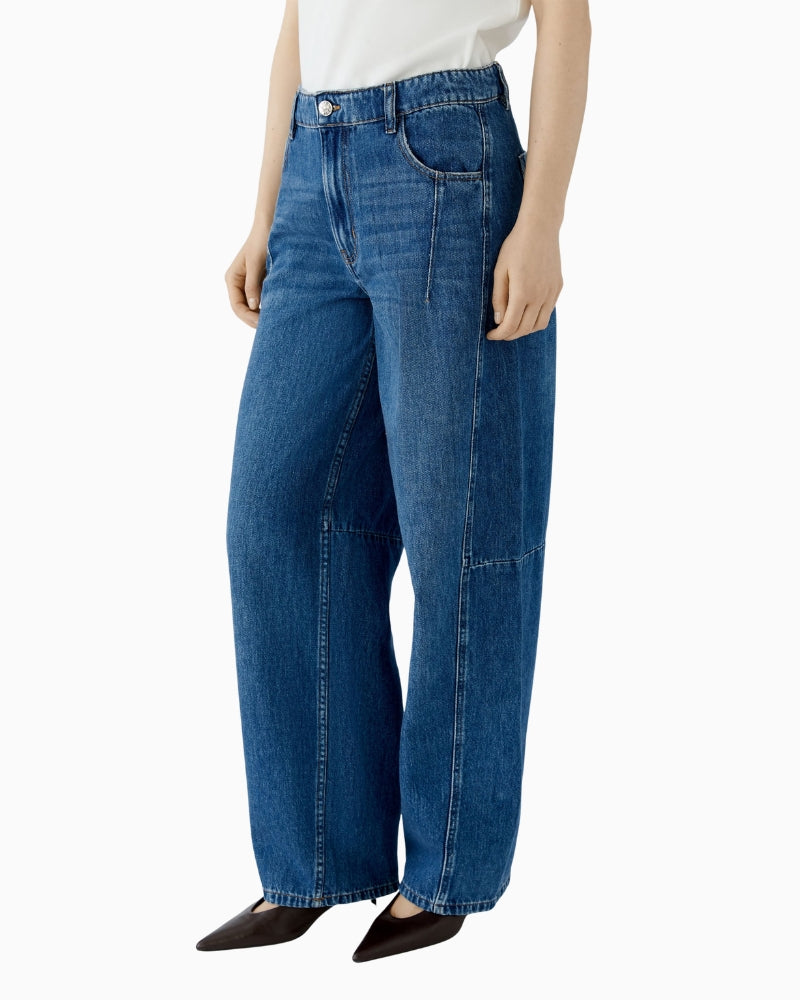 Oui Barrel Leg Jeans in Mid Blue Denim front detail