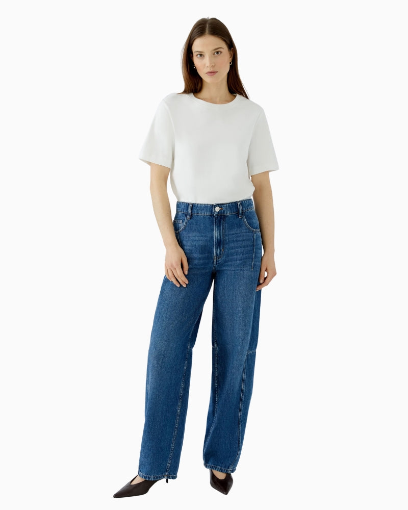 Oui Barrel Leg Jeans in Mid Blue Denim front view