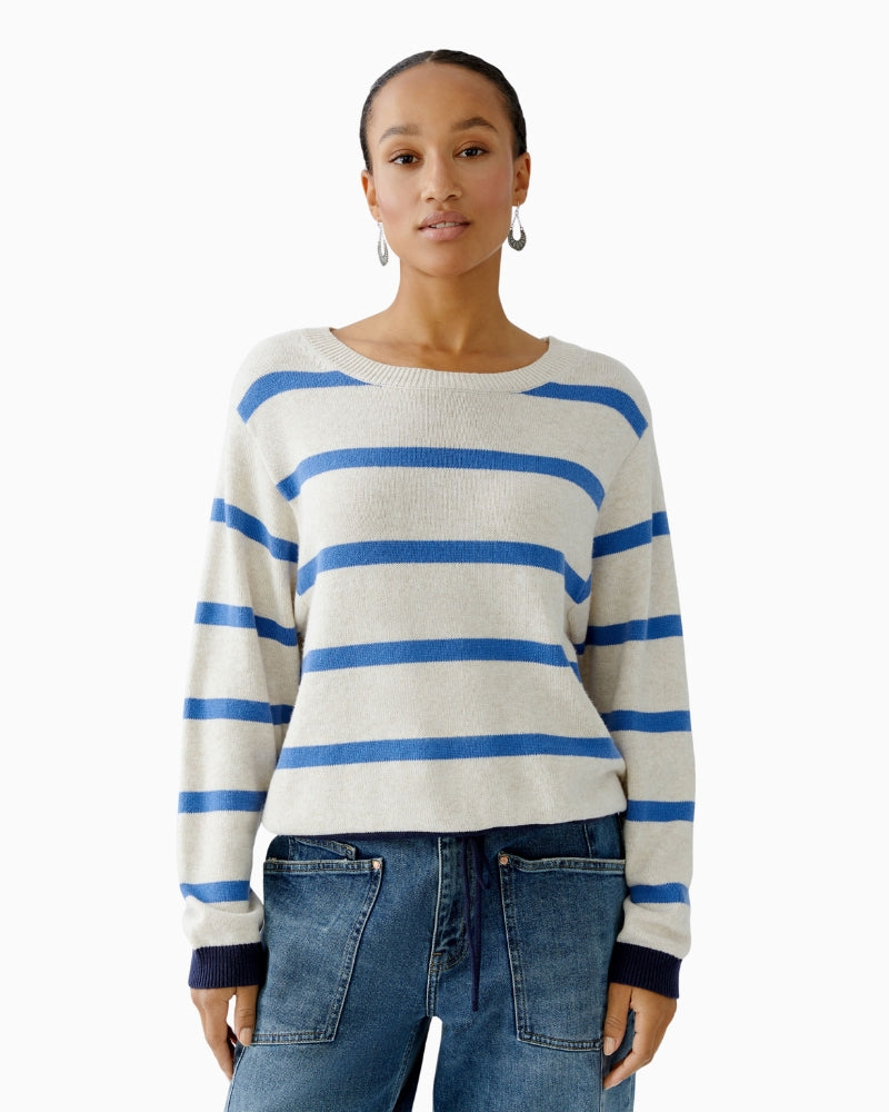 Oui beige and blue striped pullover with crew neck and long sleeves