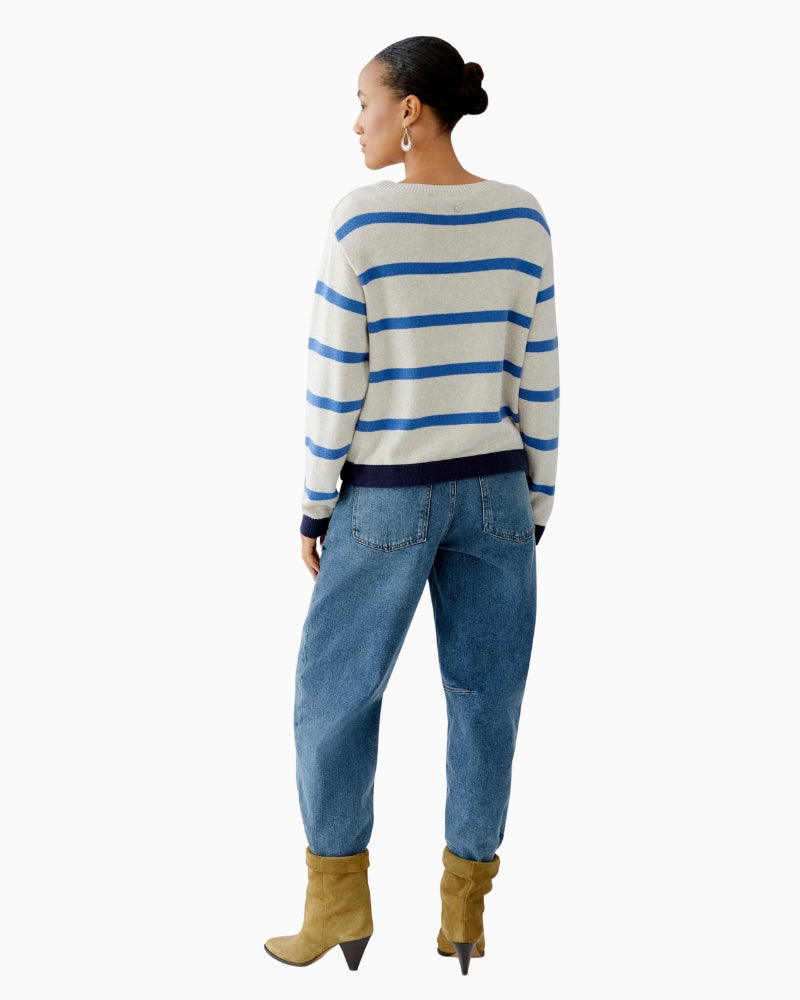 Back view of casual fit striped pullover in soft knit