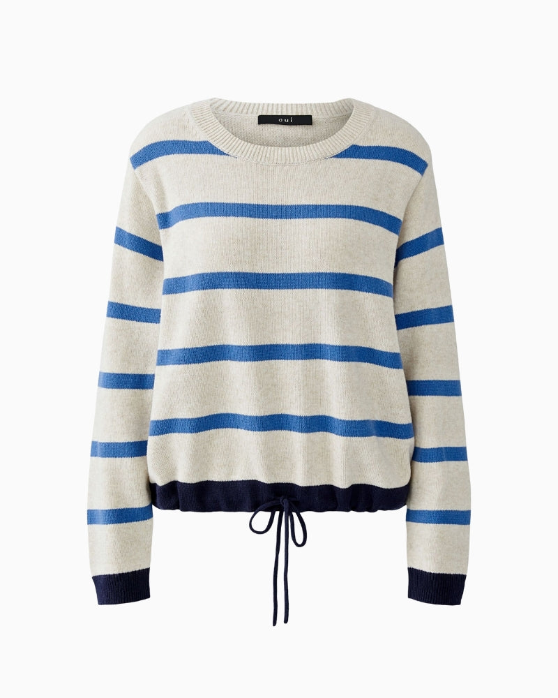 Front view showing sporty contrast hem and drawstring detail