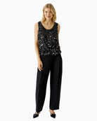 Oui black top styled with trousers outfit view – Áines Boutique