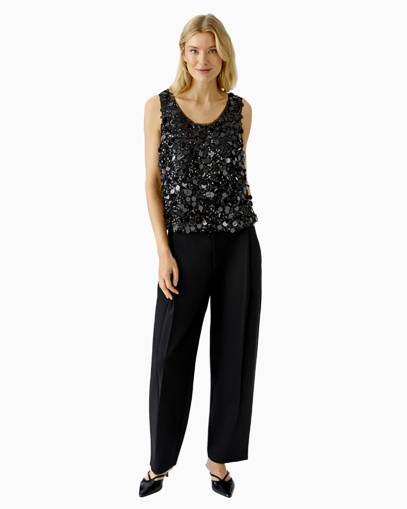 Oui black top styled with trousers outfit view – Áines Boutique