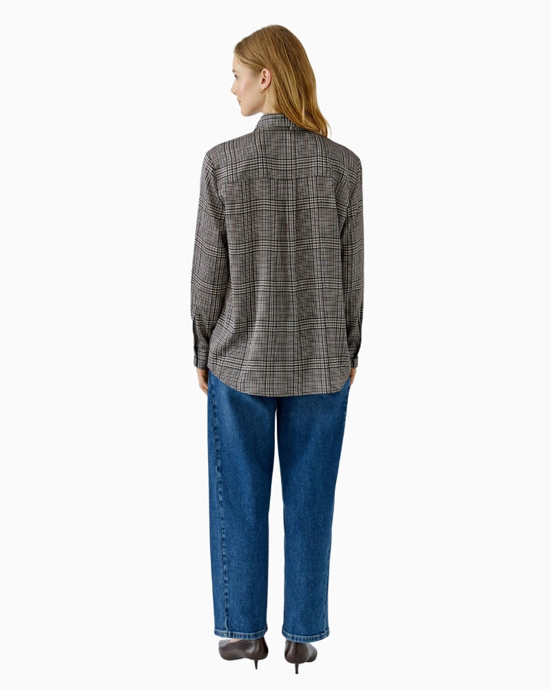 Oui Bow Blouse in off-white and brown check back view