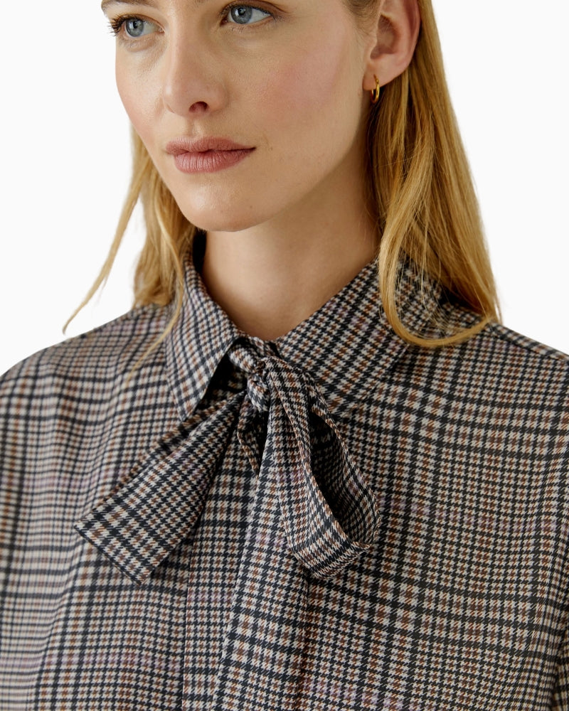 Oui Bow Blouse in off-white and brown check collar detail