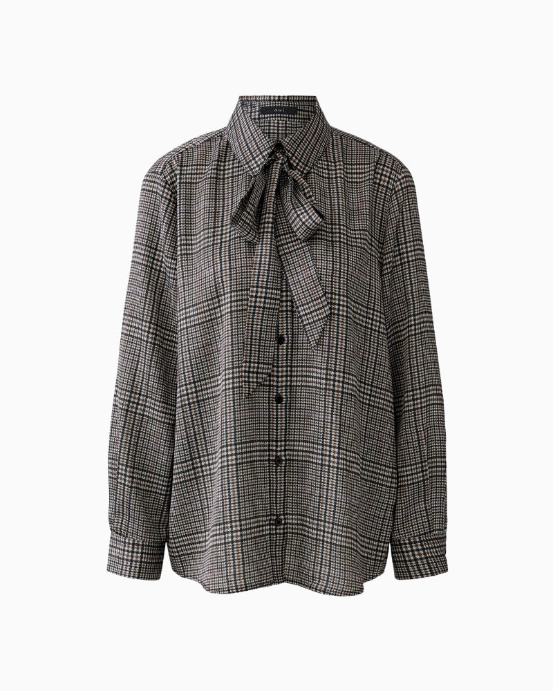 Oui Bow Blouse in off-white and brown check cuff detail