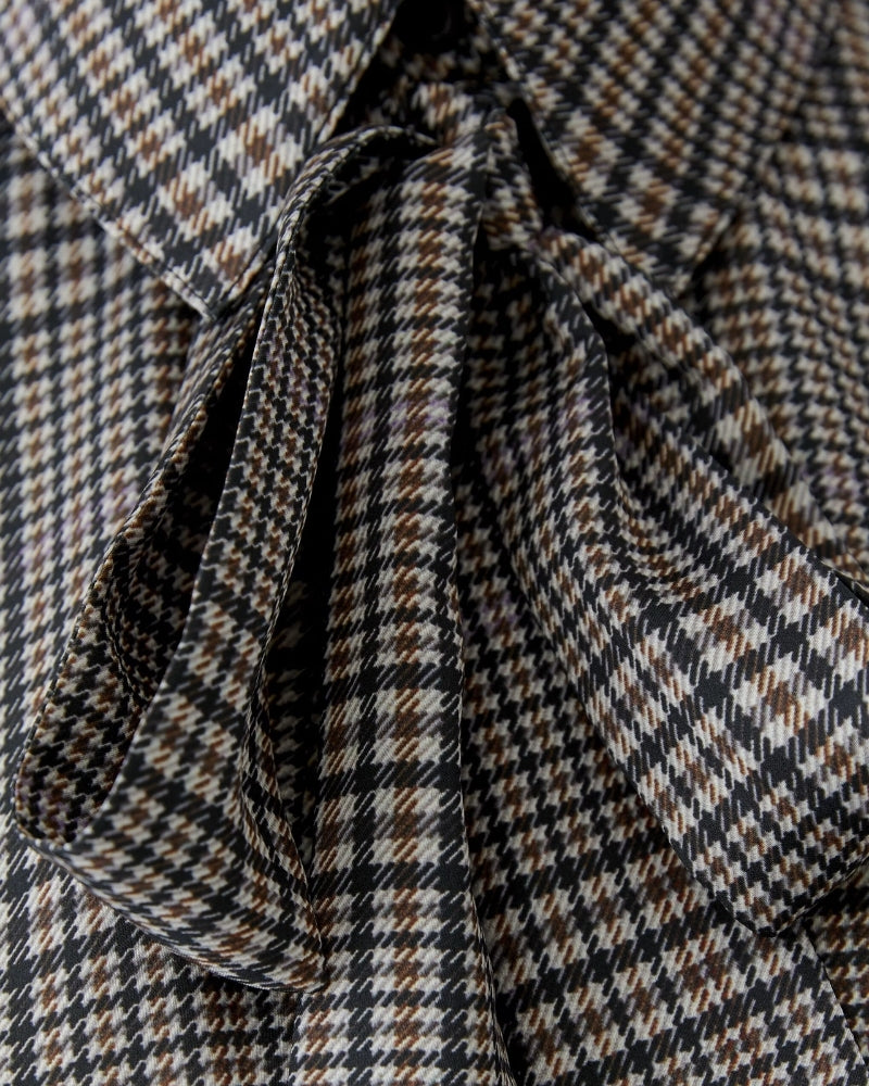 Oui Bow Blouse in off-white and brown check detachable bow detail