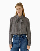 Oui Bow Blouse in off-white and brown check front view