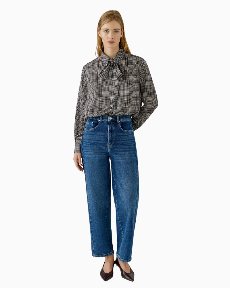 Oui Bow Blouse in off-white and brown check styled view