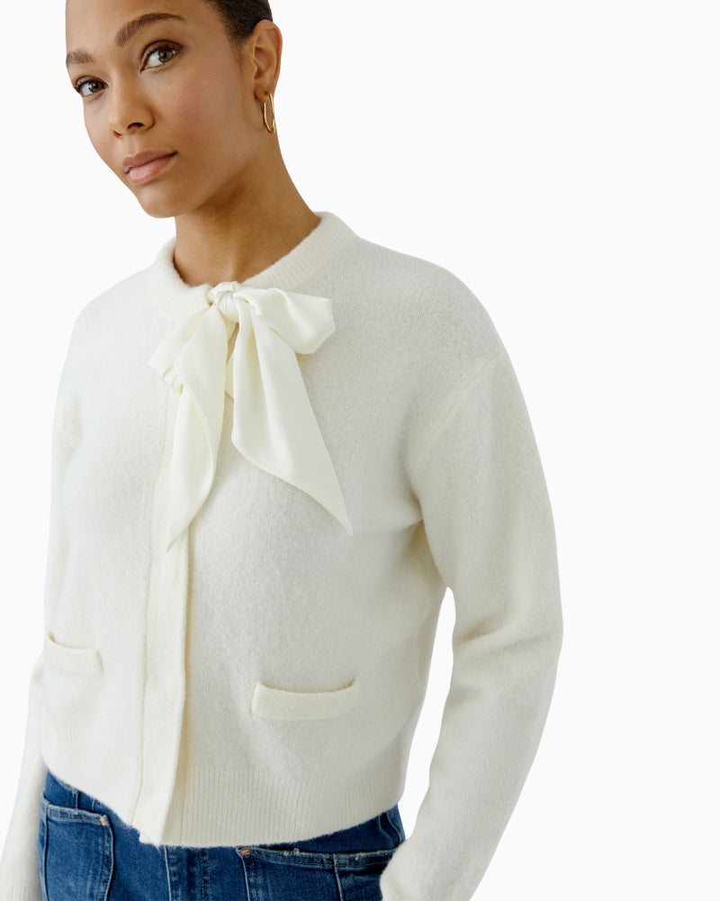 Oui Bow Detail Cardigan in Cream bow detail