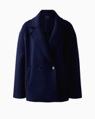 Oui navy caban coat front view with double-breasted buttons