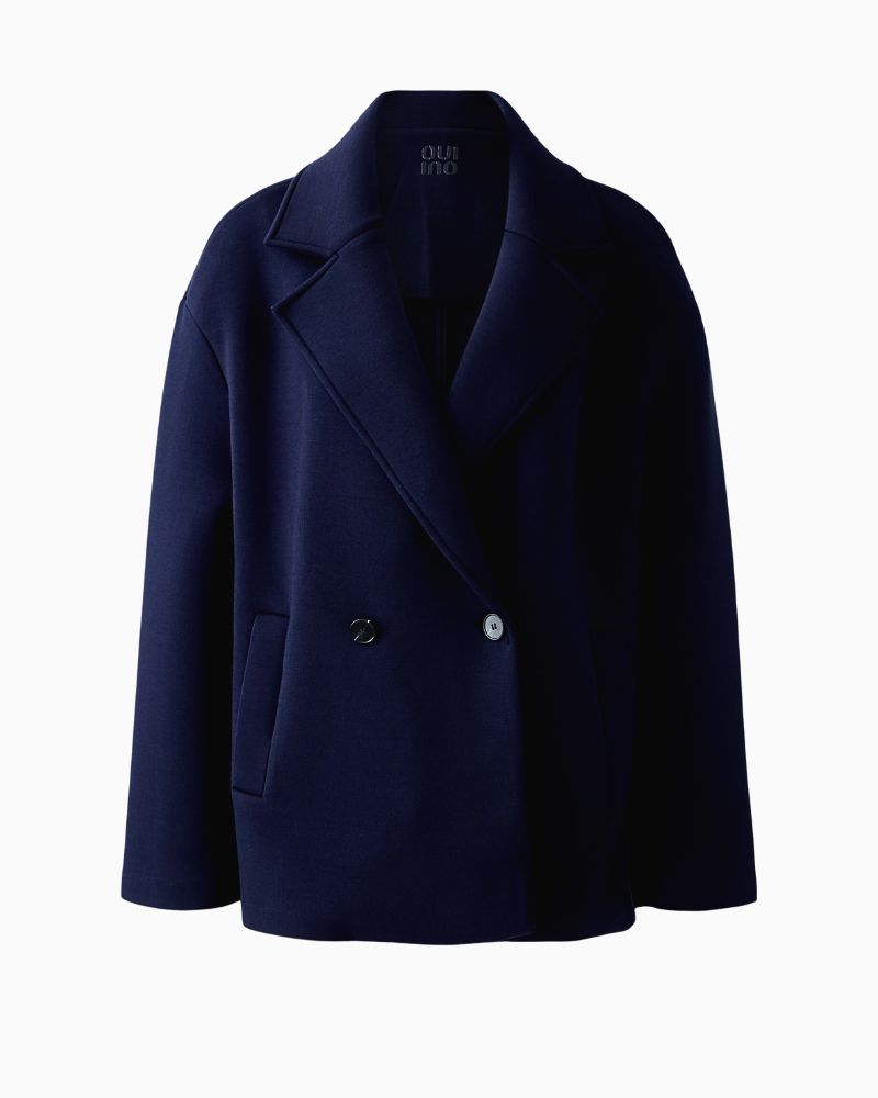 Oui navy caban coat front view with double-breasted buttons