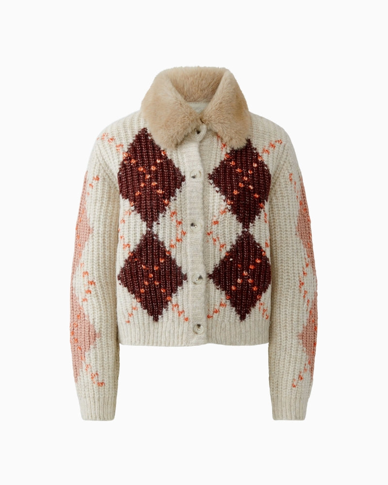 Oui Cardigan With Faux Fur Collar in Cream Argyle knit detail