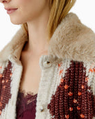 Oui Cardigan With Faux Fur Collar in Cream detachable collar detail