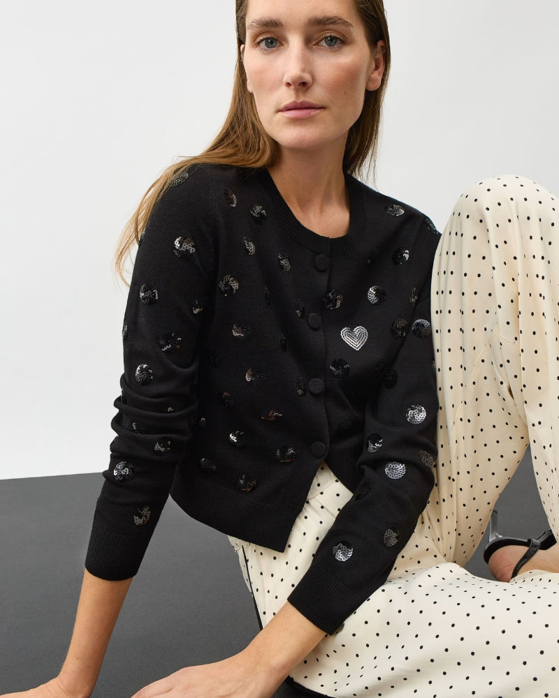 Oui Cardigan in black micro-sequin sleeve detail