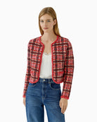 Oui Check Cardigan in red and pink front view with check pattern