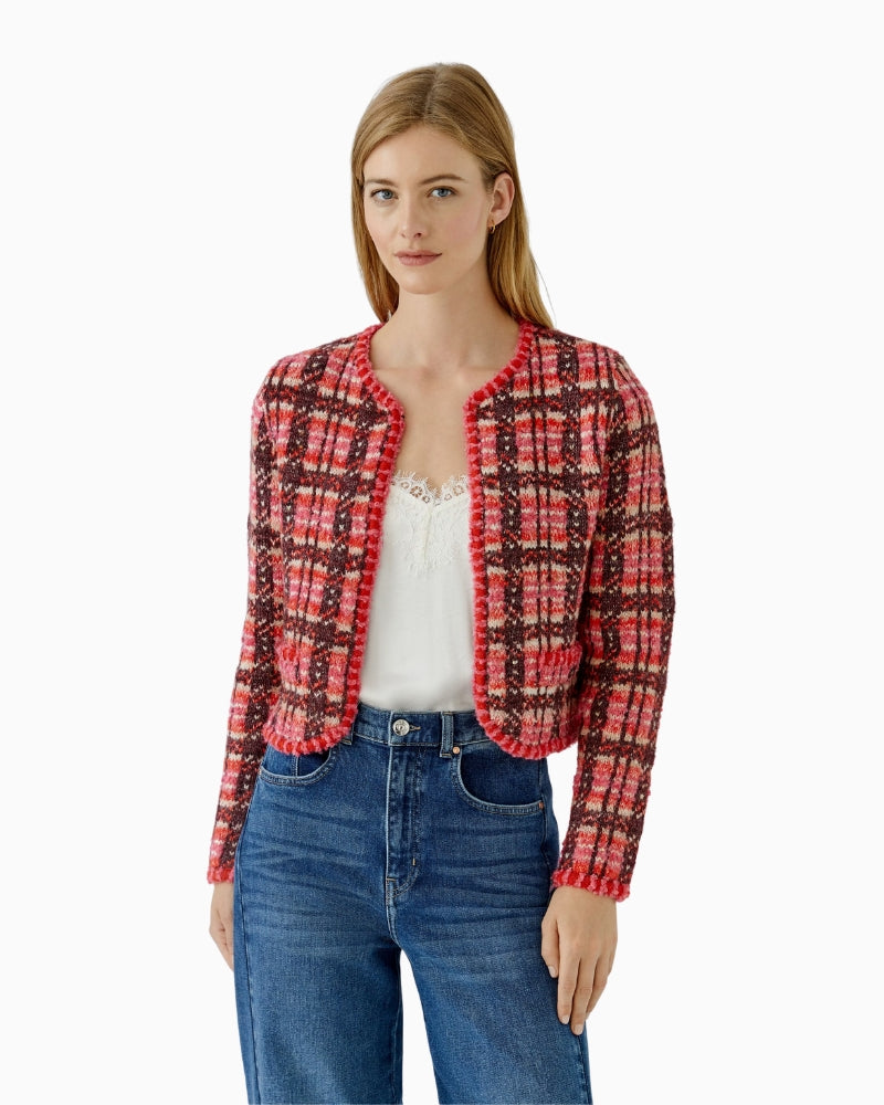 Oui Check Cardigan in red and pink front view with check pattern