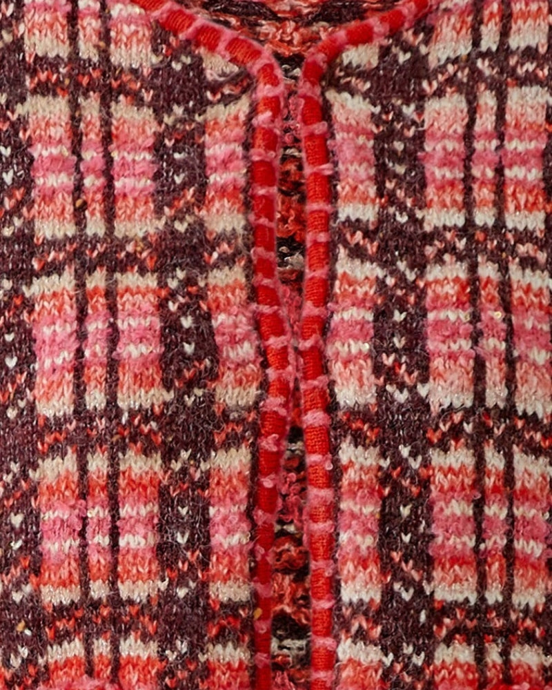 Oui Check Cardigan in red and pink hook-and-eye closure detail