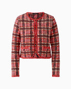Oui Check Cardigan in red and pink jacquard knit detail