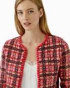 Oui Check Cardigan in red and pink neckline and shoulder detail
