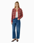 Oui Check Cardigan in red and pink styled view