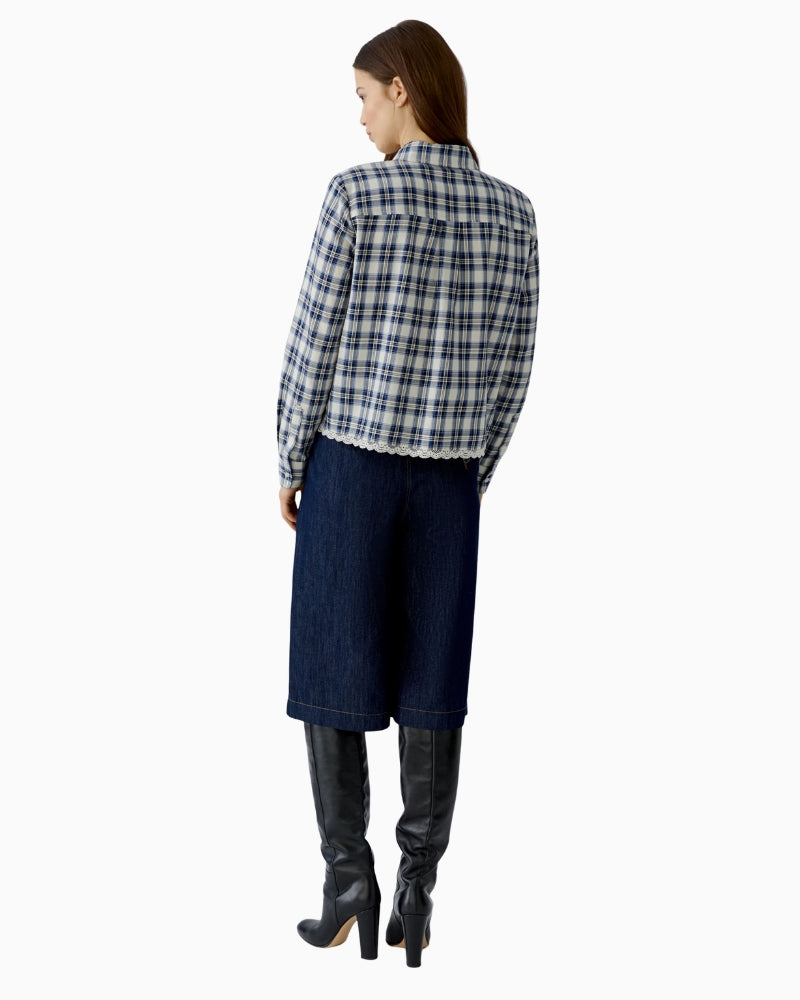 Oui Check Shirt in blue and cream back view