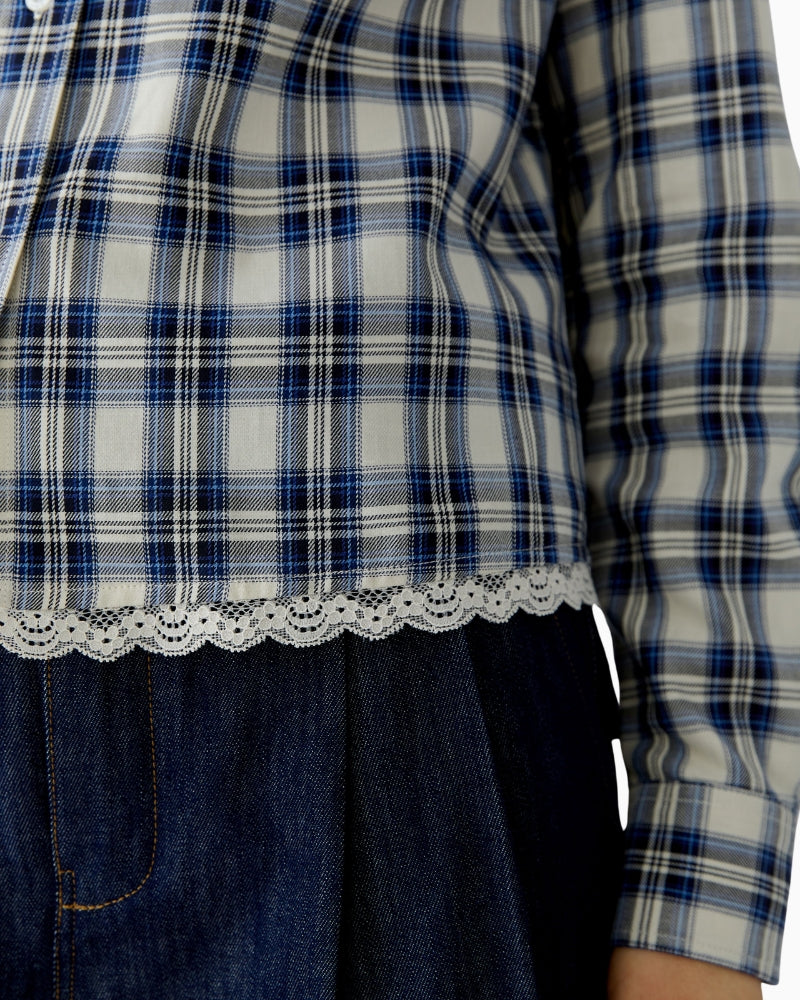 Oui Check Shirt in blue and cream check and hem detail