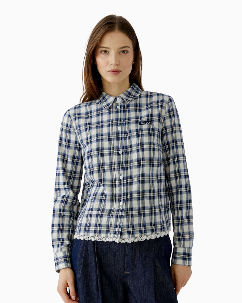 Oui Check Shirt in blue and cream front view