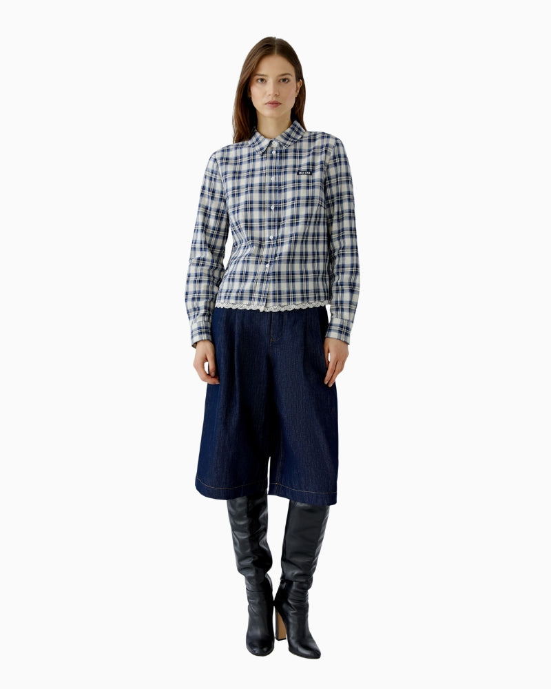 Oui Check Shirt in blue and cream styled front view