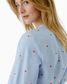 Oui blue cotton blouse with red heart embroidery close-up of embroidery detail – Áines Boutique