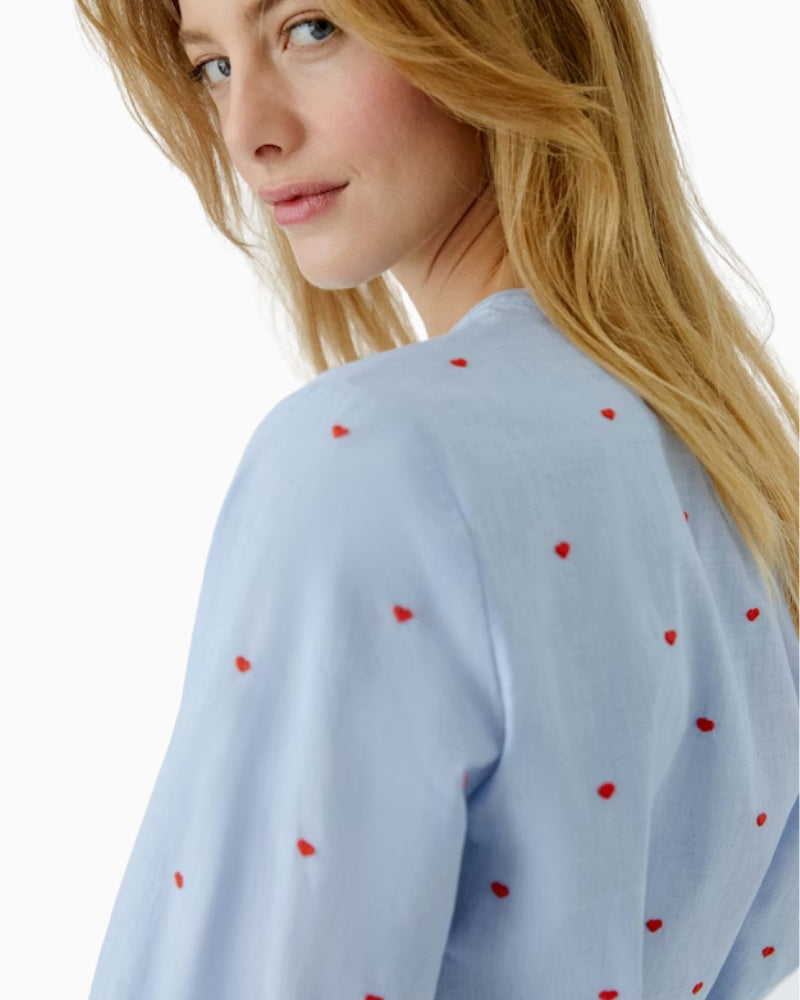Oui blue cotton blouse with red heart embroidery close-up of embroidery detail – Áines Boutique