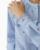 Oui blue cotton blouse with red heart embroidery cuff and ruffle detail – Áines Boutique