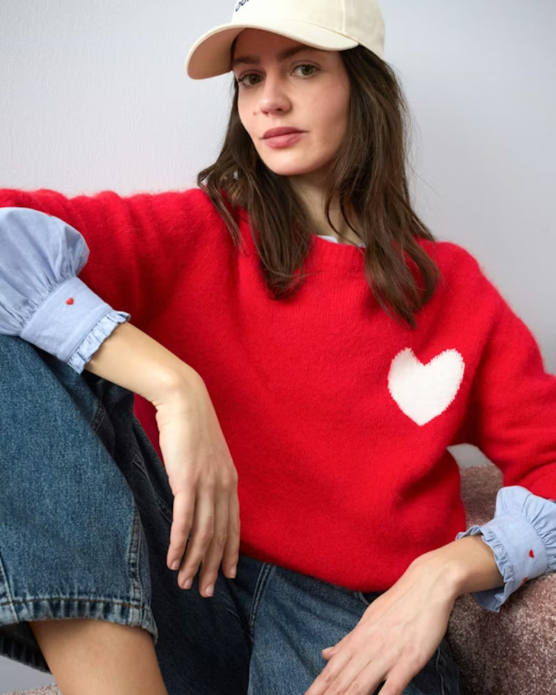 Oui blue cotton blouse with red heart embroidery styled with trousers – Áines Boutique