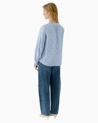 Oui blue cotton blouse with red heart embroidery back view on woman wearing it – Áines Boutique