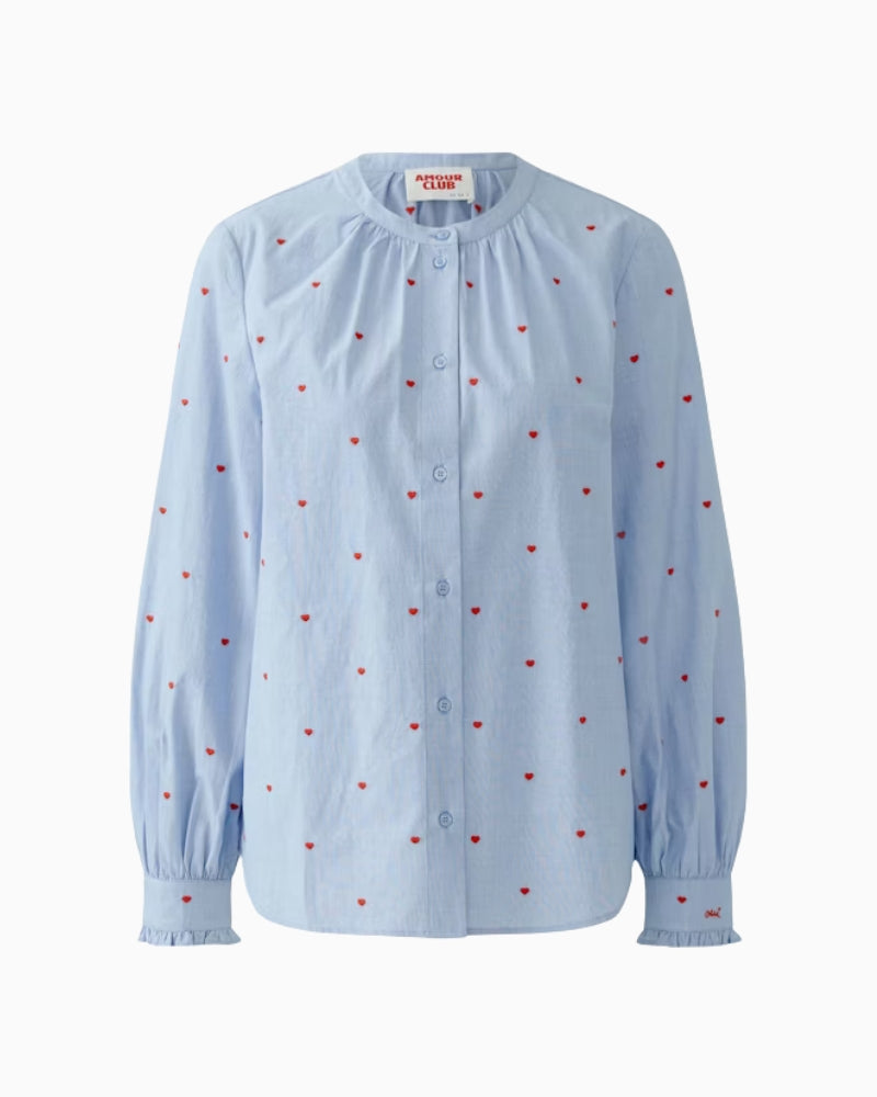 Oui blue cotton blouse with red heart embroidery front view flat lay – Áines Boutique