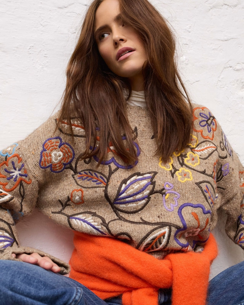 Oui Embroidered Jumper in Camel and Violet floral embroidery detail